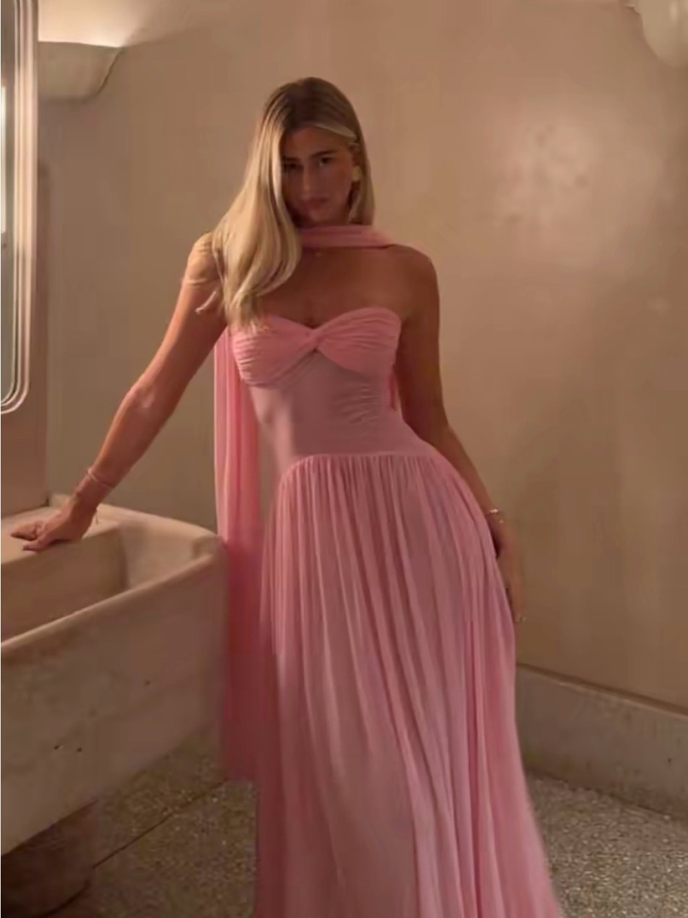 Raphaella Santana Famous Strapless Pink Maxi Dress with Matching Scarf